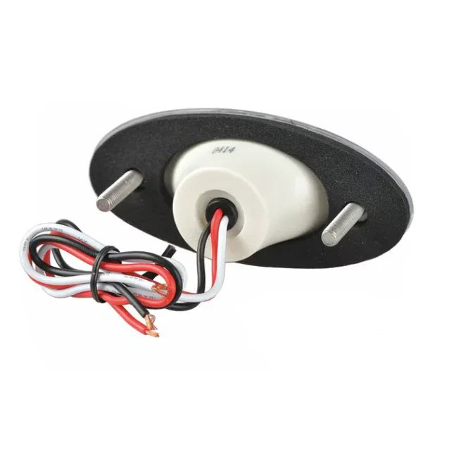 Oval LED light base with mounting bolts and red, white, black wires on white background