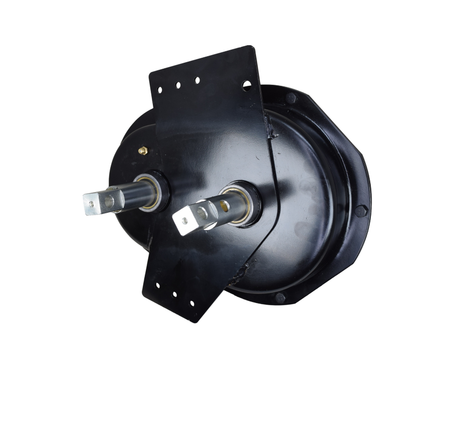 A 2-speed gear box for a Wilson hopper door, shown as a black metal circular housing with two metal shafts and mounting plates, on a white background.