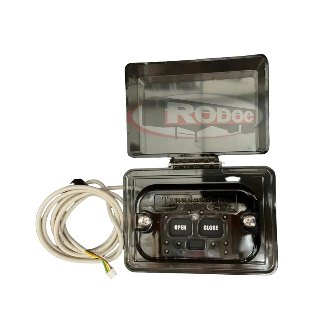 Thunder 7000 keypad control box with OPEN and CLOSE buttons, attached cable, clear lid