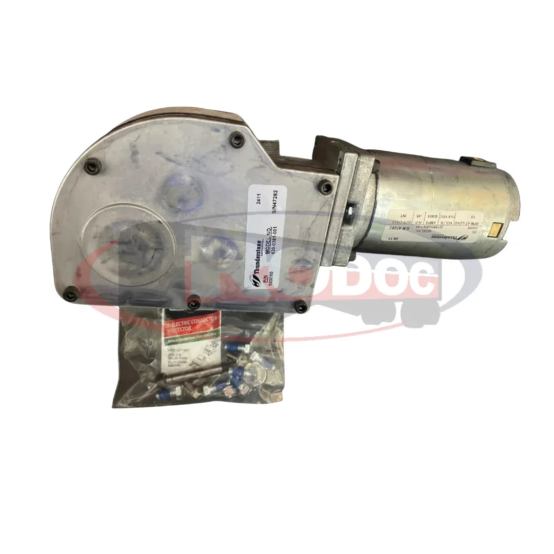 Thunder 7000 motor assembly with mounting hardware and label, isolated on white background