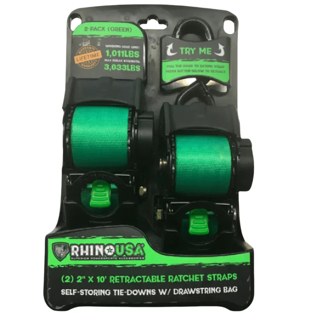 Rhino USA 2 pack green retractable ratchet straps in retail packaging