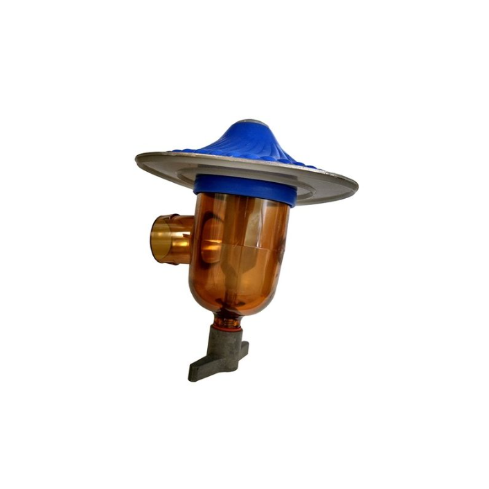 A 1-port aeration assembly filter with a translucent amber-brown body, a blue top cap, a gray mounting base, and a brass connector, shown on a white background with product details text on the right.