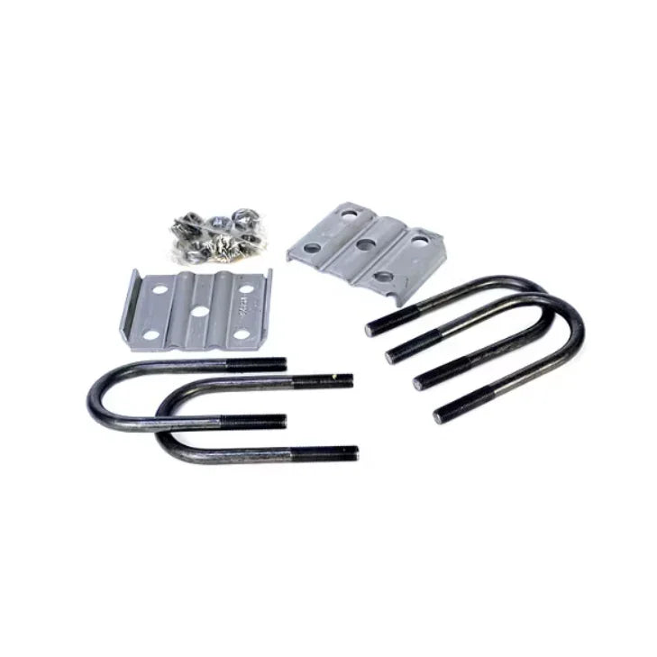 Trailer axle U-bolt kit with metal plates, nuts, and bolts on white background