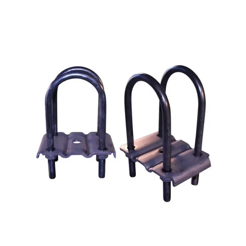 Heavy-duty black U-bolt axle brackets for suspension, on white background