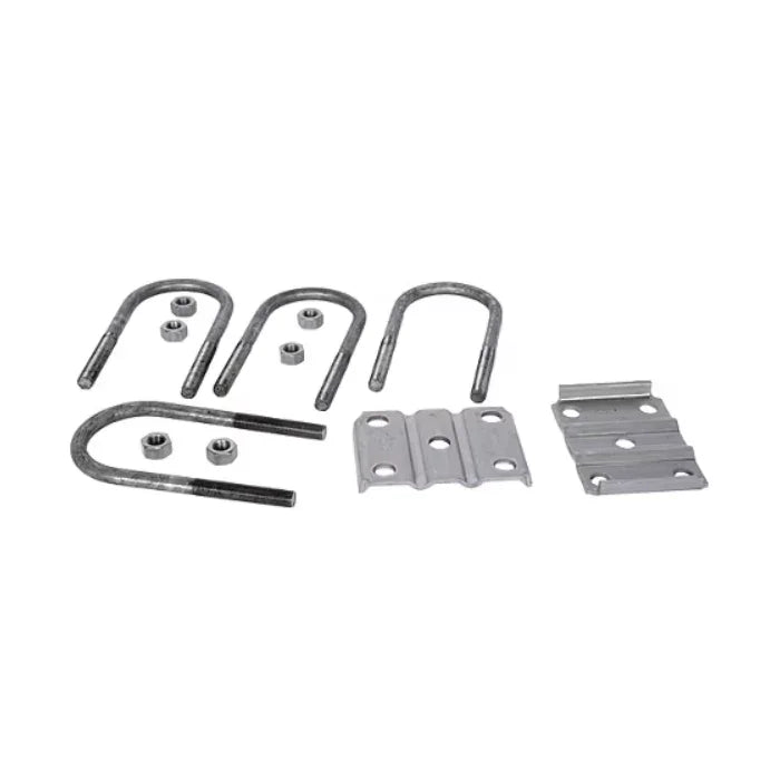 U-bolt kit with nuts and metal brackets for trailer axle mounting on white background