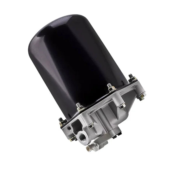 Black air dryer for heavy duty vehicle air brake system on white background