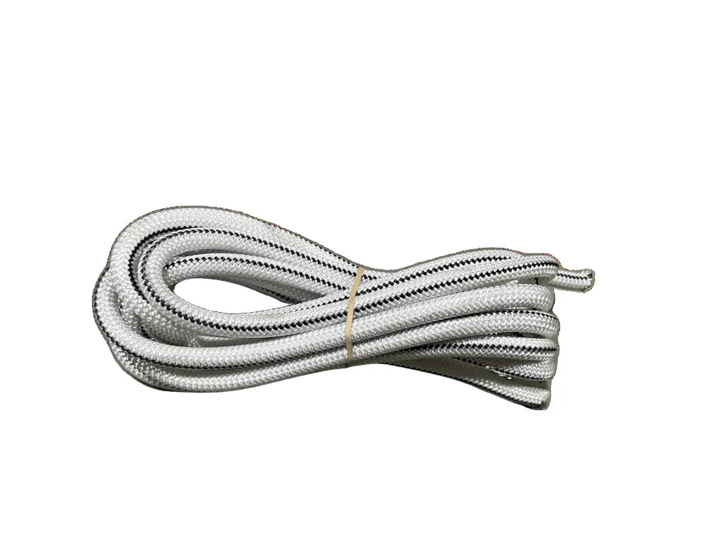 Coiled white bungee cord with black stripes on white background