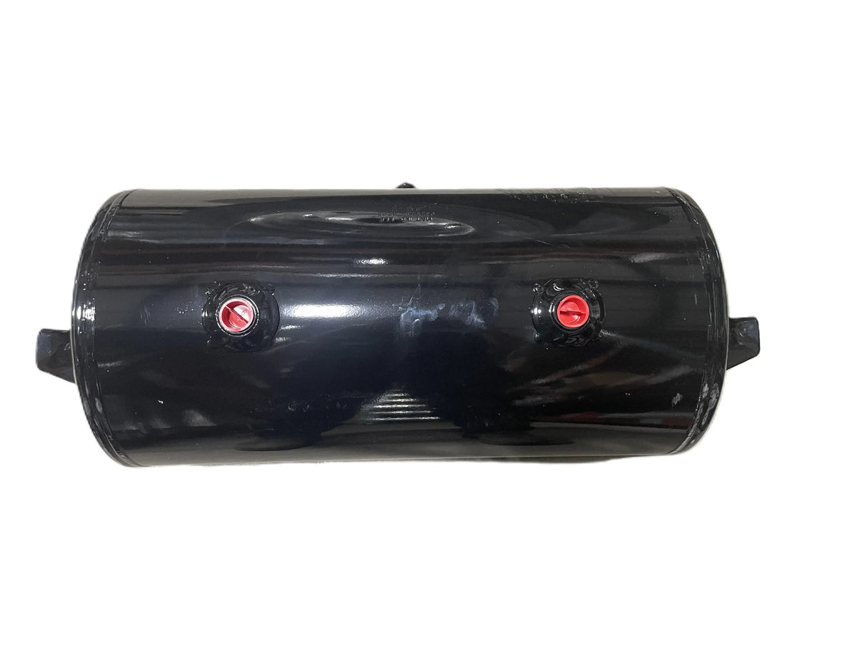 Black steel air tank with two red valve ports against a white background