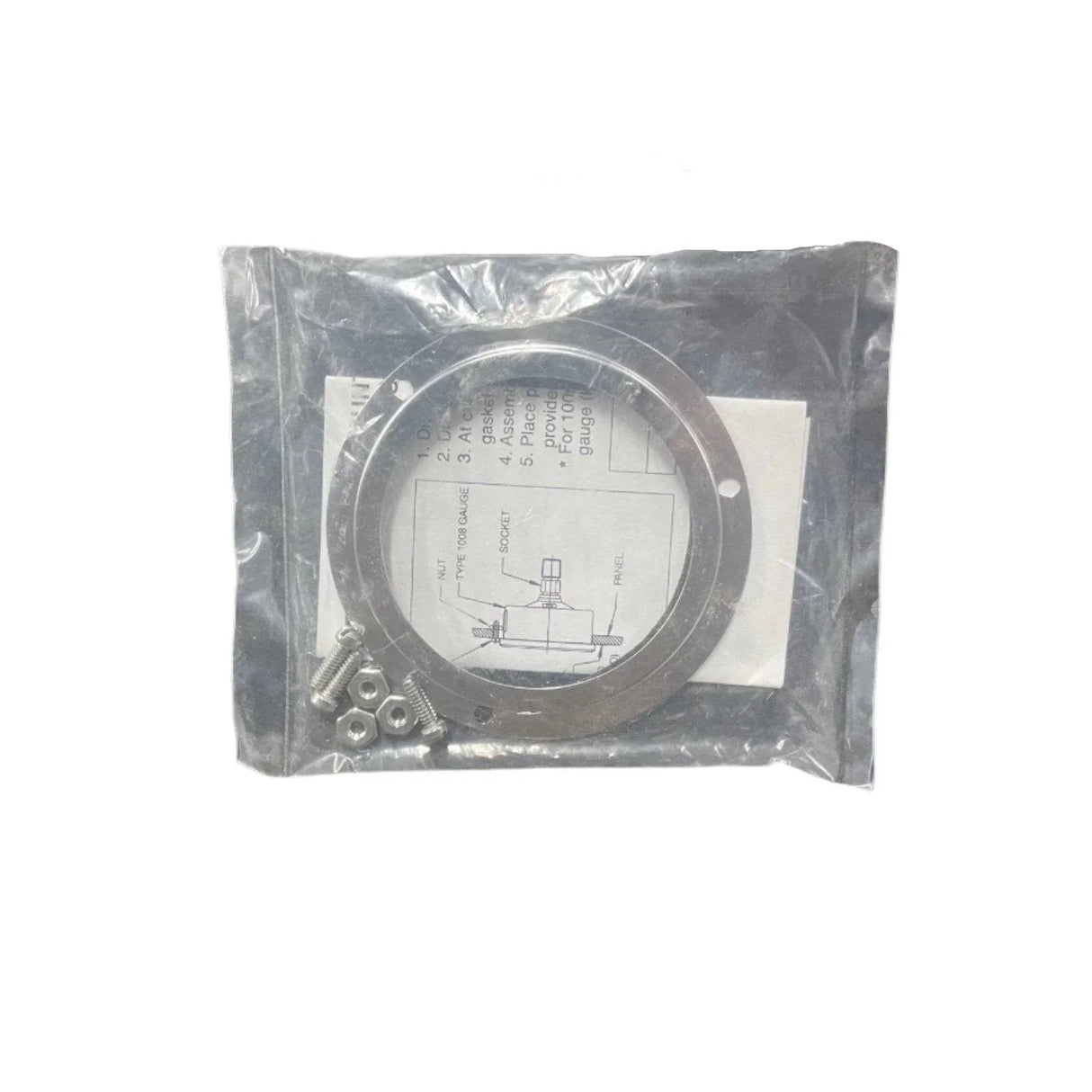 Gauge ring mounting kit with screws, nuts and instructions in clear plastic bag