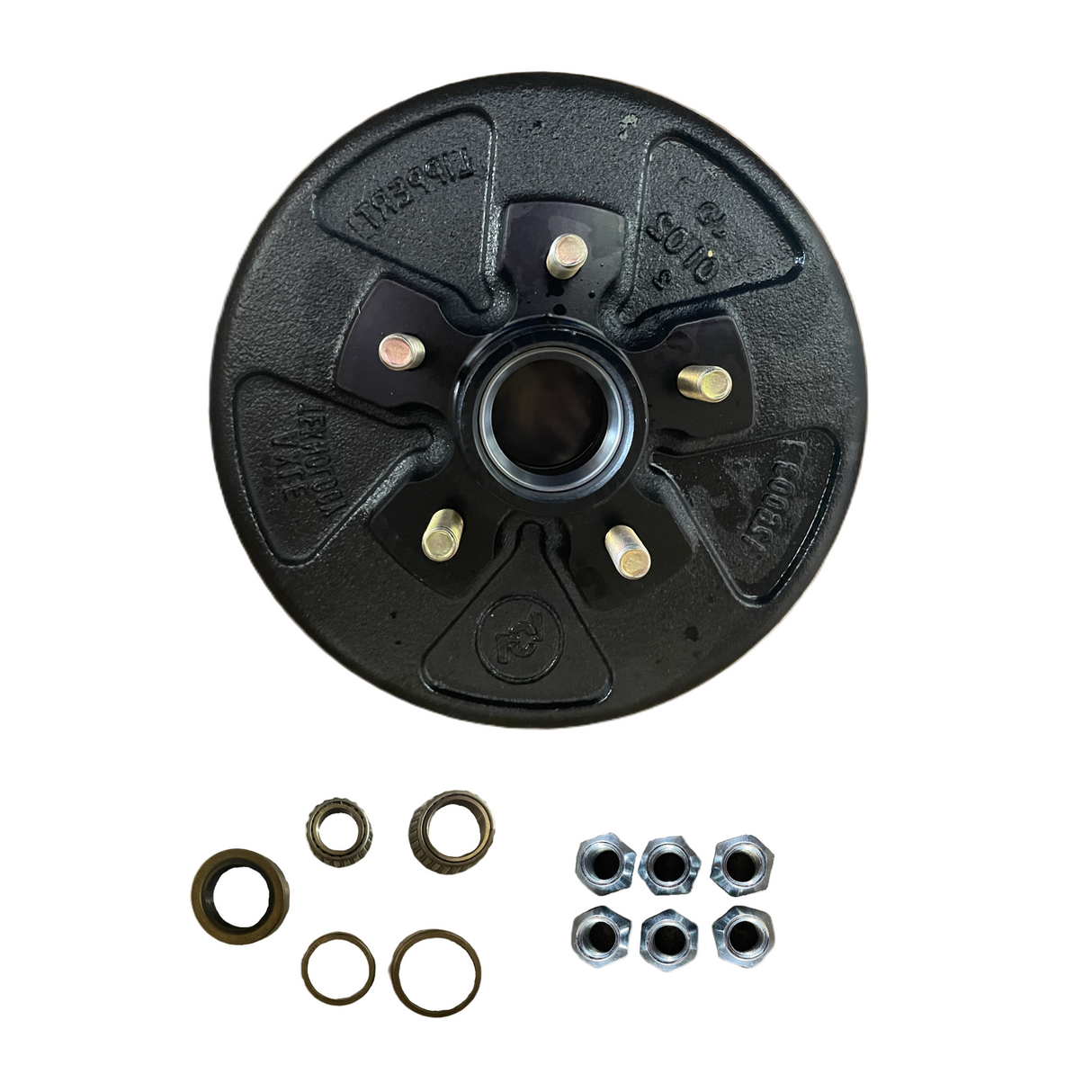 Trailer drum brake kit with hardware, nuts, bearings, and seals on white background