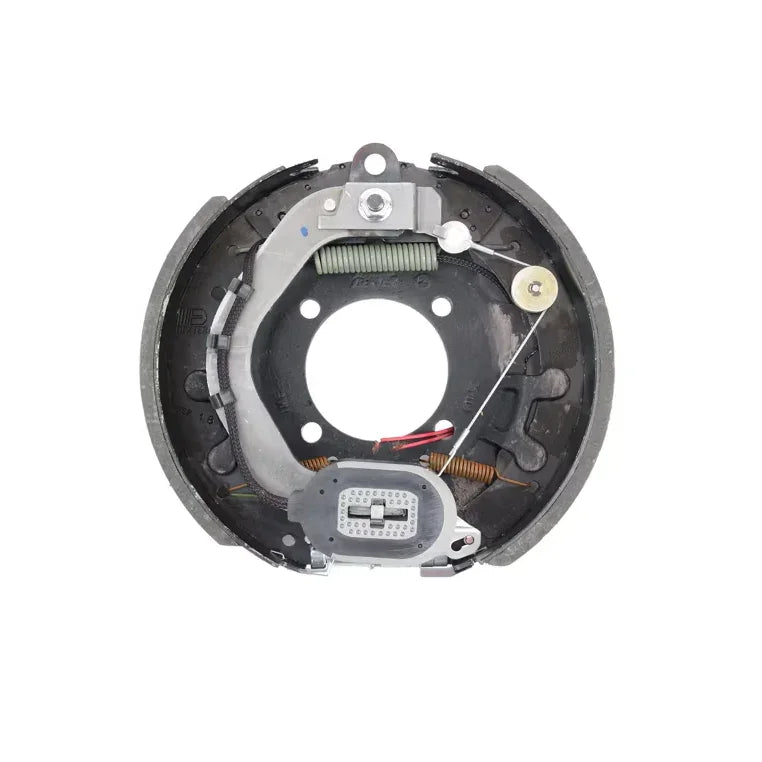 Electric trailer brake assembly with springs and hardware on white background