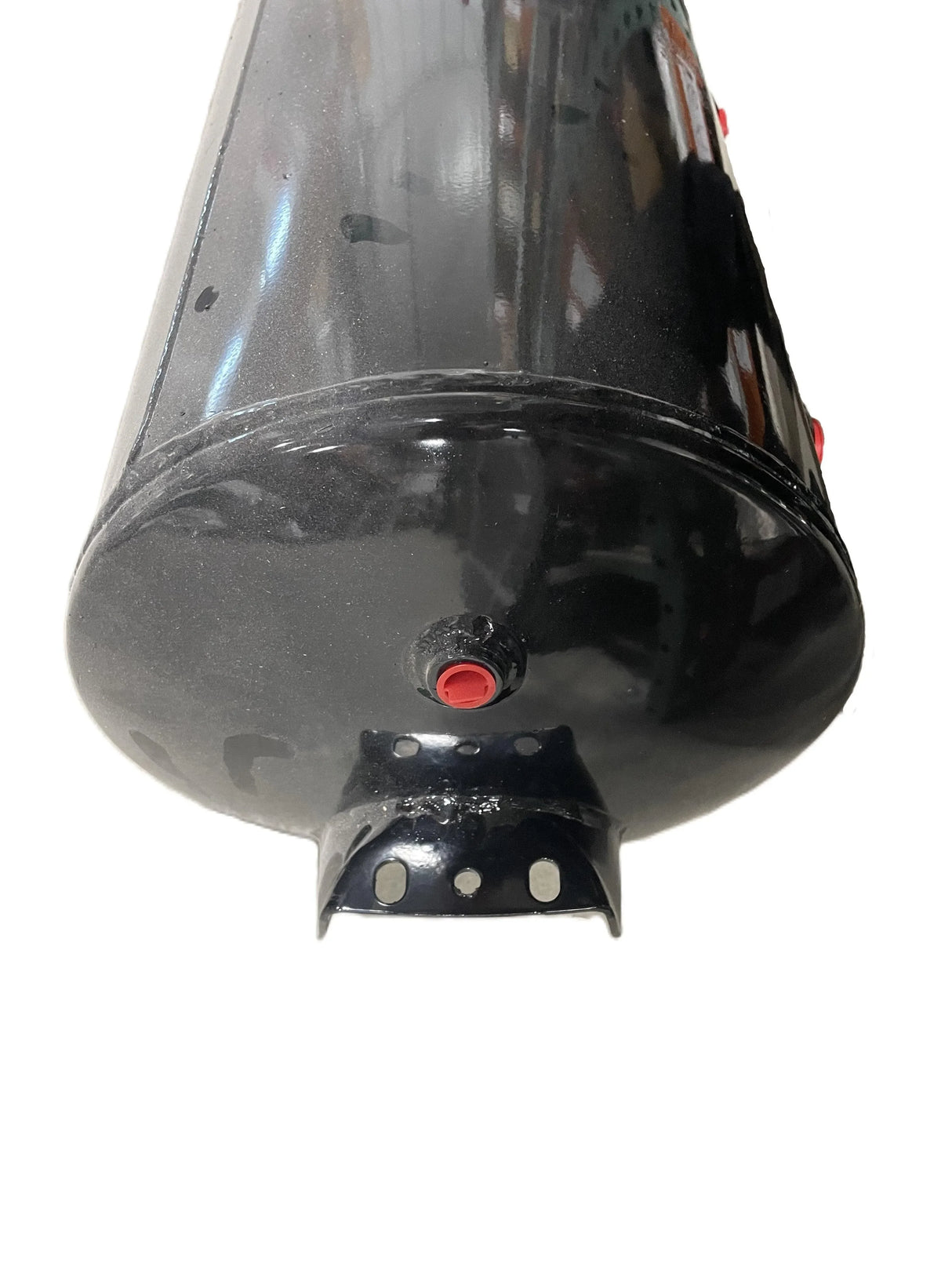 Large black steel air tank with mounting bracket and red valve, isolated on white background
