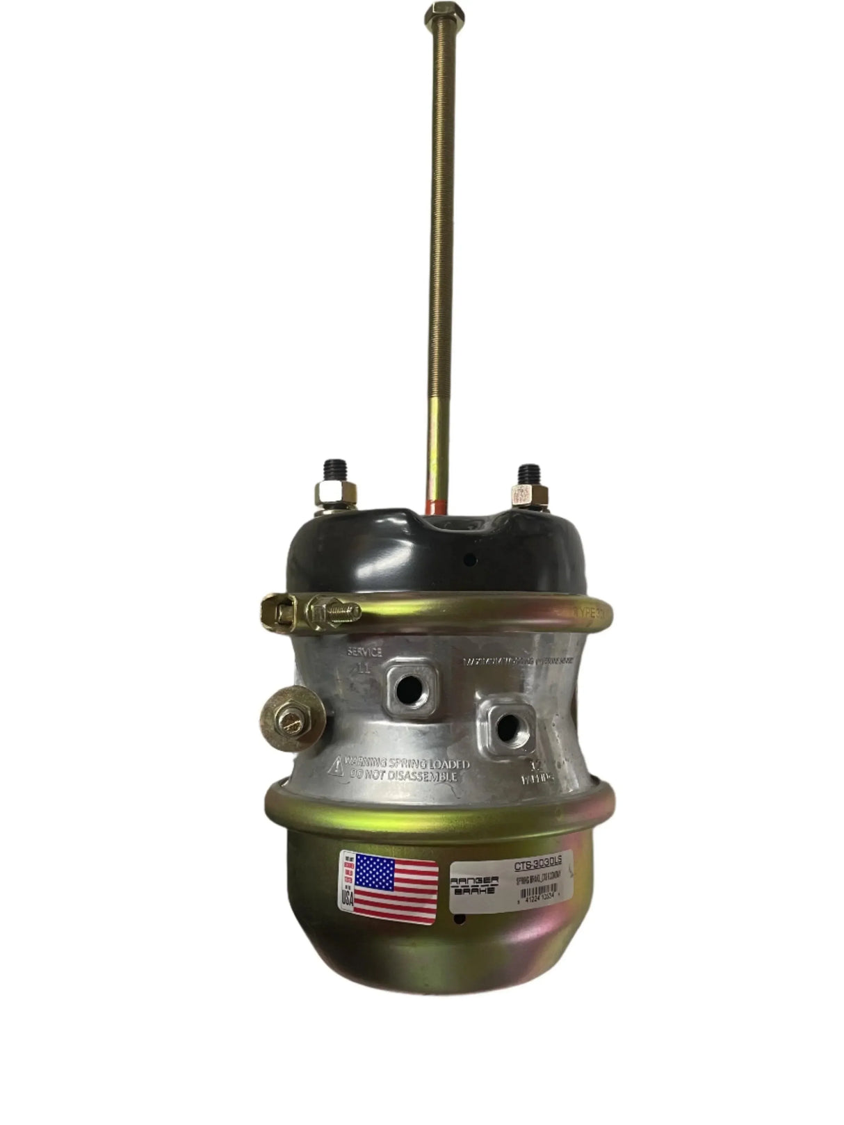 Heavy-duty truck brake chamber with push rod, chrome finish, and US flag label
