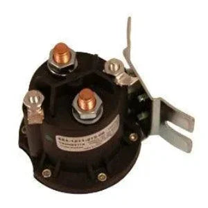 Black automotive solenoid relay with copper terminals and mounting bracket