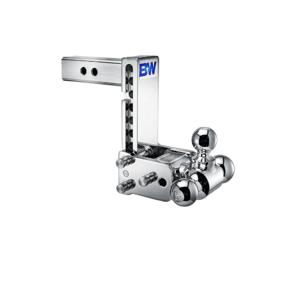 Chrome trailer hitch with 'BW' logo on a white background