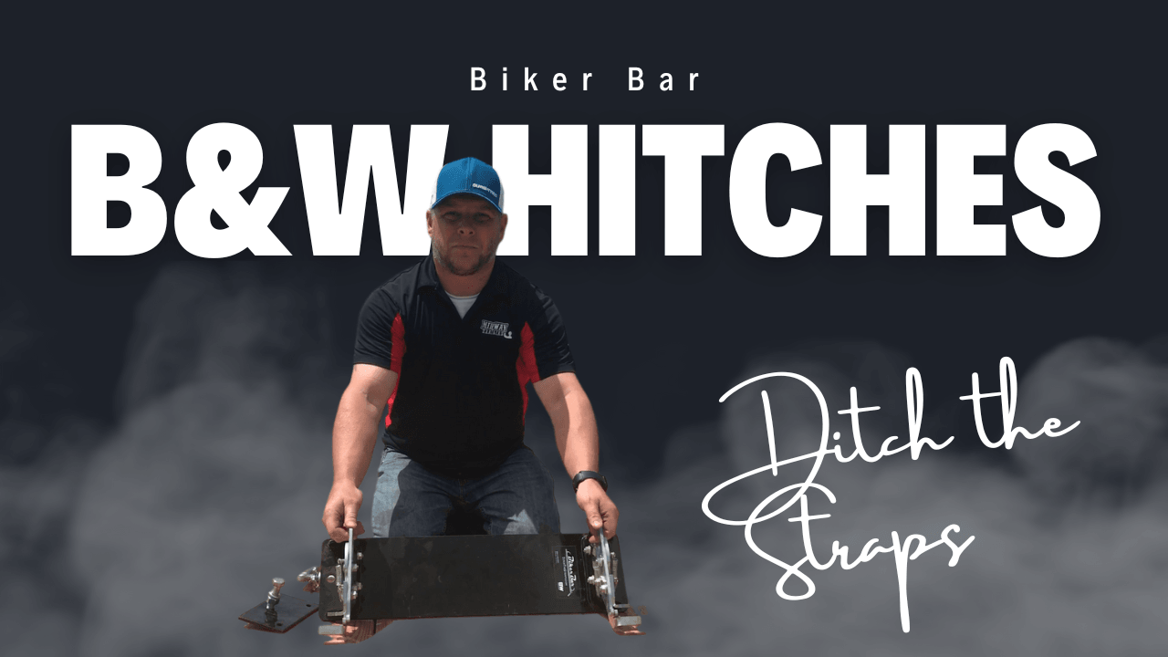 Man holding B&W Hitches biker bar with 'Ditch the Straps' text, promotional image
