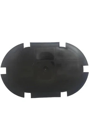 Oval black plastic electrical box cover with notches, isolated on white background