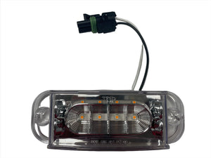 Clear LED trailer marker light with connector and wiring on white background