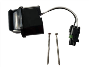 LED license plate light kit with wiring connector and two screws on white background