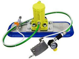 Pneumatic vacuum lifter with yellow handle, pressure gauge, blue base, and green hoses