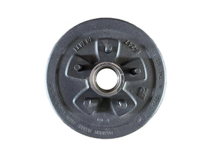 Close-up of a black automotive brake drum with metal hub on a white background