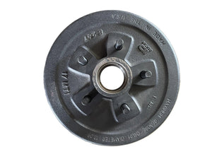 Cast iron trailer brake drum with hub, 5 lugs, circular metal component on white background