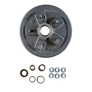 Trailer brake drum kit with bearings, washers and lug nuts on white background