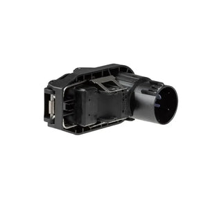 Black automotive mass airflow sensor on white background, car engine MAF sensor part