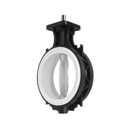 A black butterfly valve with a white interior, shown against a white background part# 5B-795-501 - 5