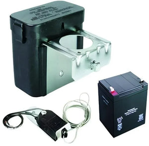 Valve lockout kit with black lockout box, metal clasp, cable, and black battery