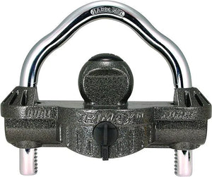 Trimax Dual Force hardened trailer hitch lock with black textured finish