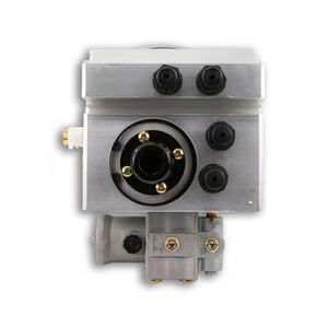 Industrial metal hydraulic valve block with multiple ports, bolts, and connectors