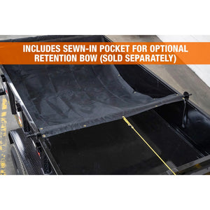 Dump trailer with black tarp cover featuring sewn-in pocket for retention bow