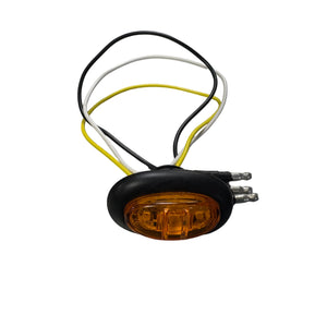 Amber oval LED marker light with black housing and attached yellow, white, black wires