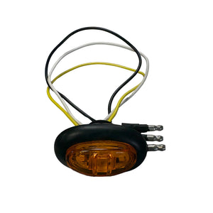 Amber oval LED side marker light with black housing and wiring, isolated on white background