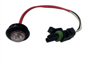 Round LED marker light with red wire and black waterproof connector on white background