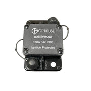 Thunderstone 150 AMP Circuit Breaker — Optifuse waterproof circuit breaker, 150A 42VDC, ignition protected, black, close-up, on white background