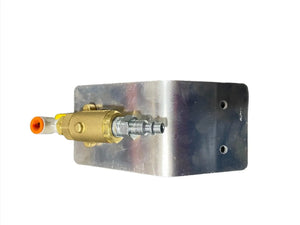 Brass valve mounted on a rectangular metal plate with two screw holes, plumbing hardware