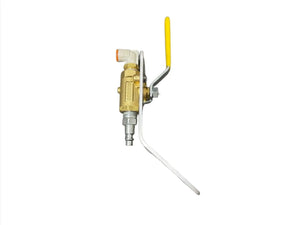 Brass ball valve with yellow handle and metal fittings on white background