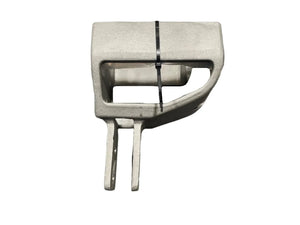 Metallic forked mechanical part with cutout, isolated on white background