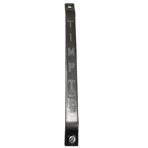 Metal bracket with TIMPTE engraving, hole for mounting, trailer part accessory