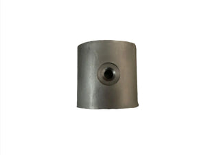 Stainless steel cylindrical metal connector with central threaded hole, isolated on white background