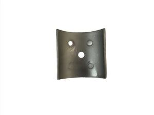 Curved metal bracket with three holes on white background