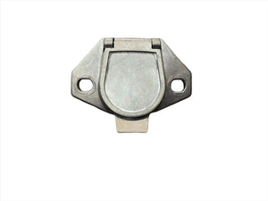 Metal hinge cover plate with mounting holes on a white background