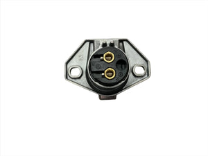 Close-up of a metal 2-pin electrical connector with mounting holes on white background