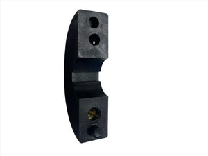 Black metal mounting bracket with three holes on a white background