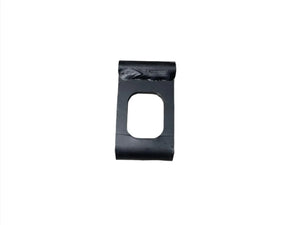 Black metal rectangular clip with central cutout on white background