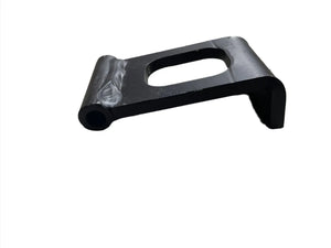 Black welded steel bracket with hole, automotive mounting hardware on white background