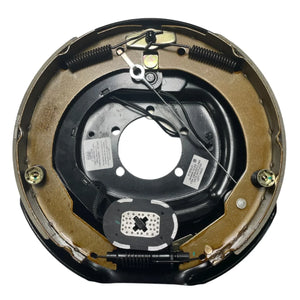 Electric trailer brake assembly with springs and wiring on a white background