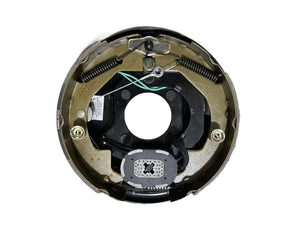 Electric trailer brake assembly with springs and wires on white background
